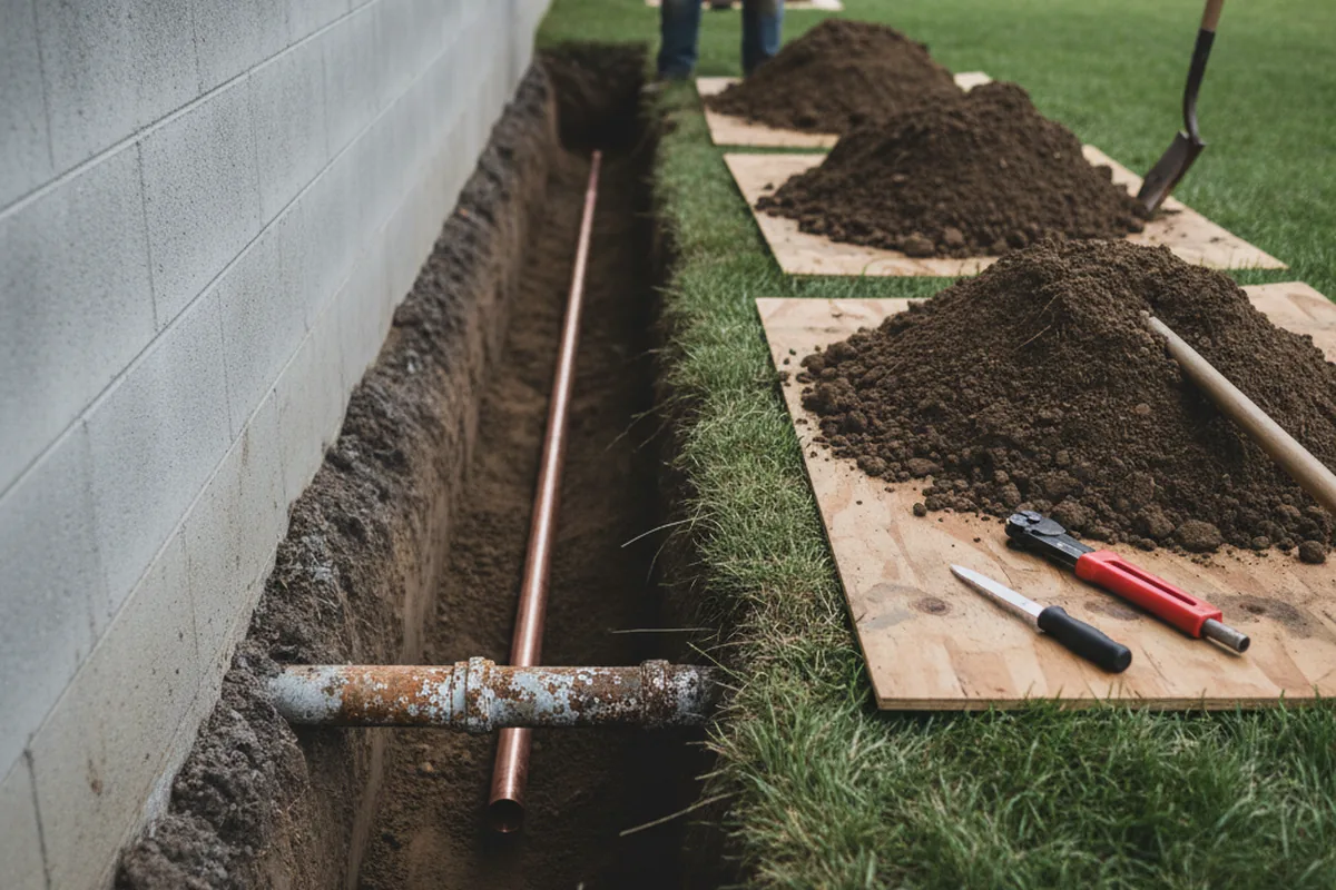 Excavated water line trench during Sewer Line Repair in Mount Braddock